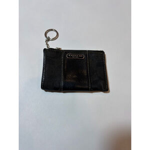Coach Signature Mini Zip Coin Purse Keychain Wallet Black Canvas Leather